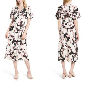 1. STATE WOMEN'S WHITE FLORAL V-NECK TIERED RUFFLED MIDI WRAP DRESS SIZE XS